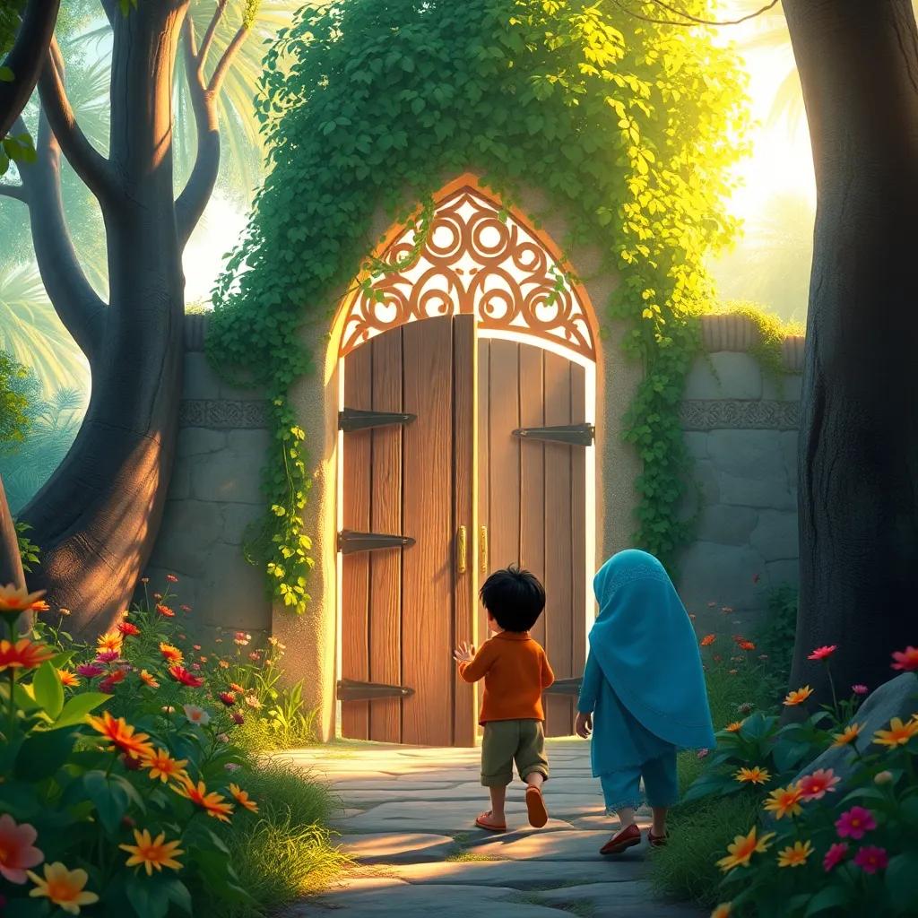 Shuma and Muhammad discovering an old, enchanting gate covered in vines, full of curiosity, surrounded by tall trees and colorful flowers, magical setting, bright and inviting light, detailed digital art, high quality