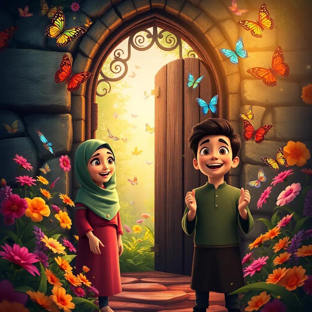 The old, mysterious gate opening to a secret garden, magical flowers in rare colors and colorful butterflies flying freely, vibrant scene, enchanting light, excited expressions on Shuma and Muhammad's faces, digital art, high quality