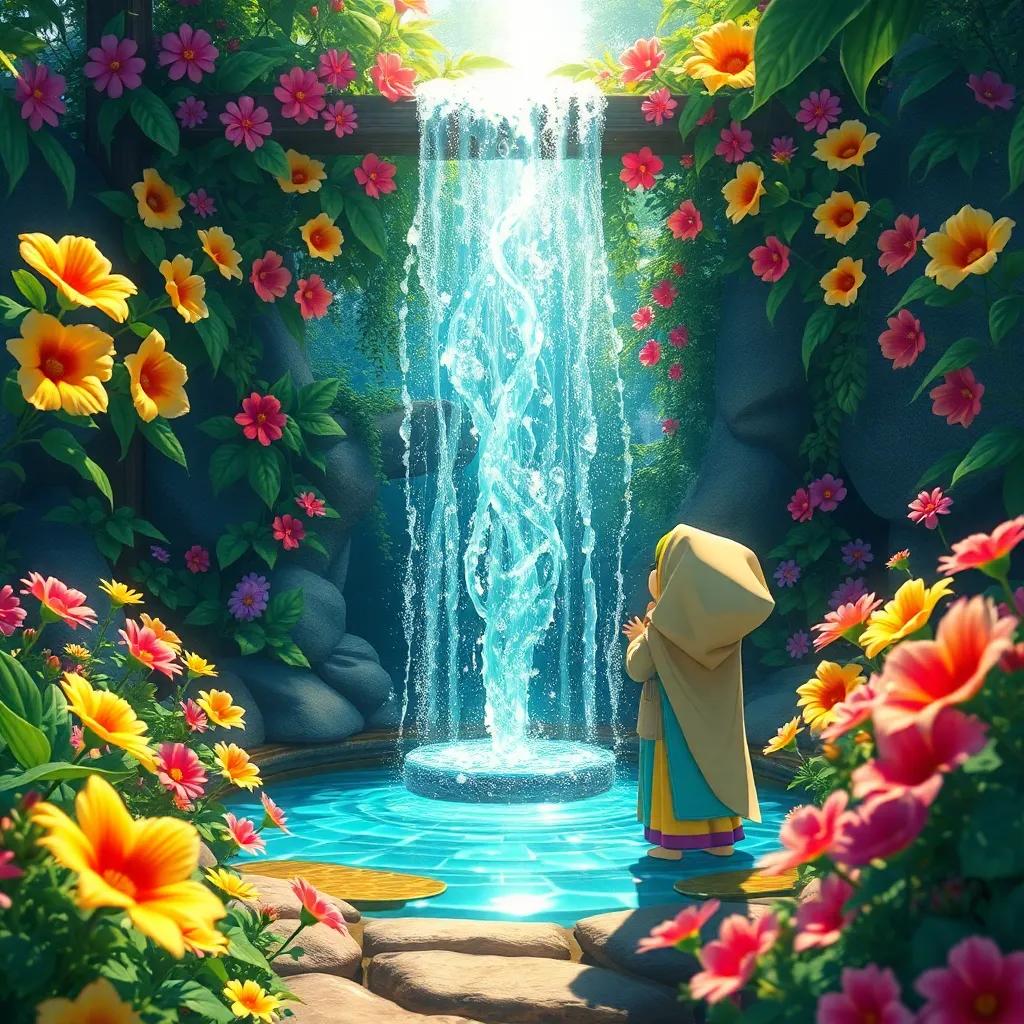 A crystal clear fountain in the secret garden, surrounded by beautiful rare flowers, Shuma and Muhammad amazed by the beauty, bright colors, magical atmosphere, digital illustration, high quality