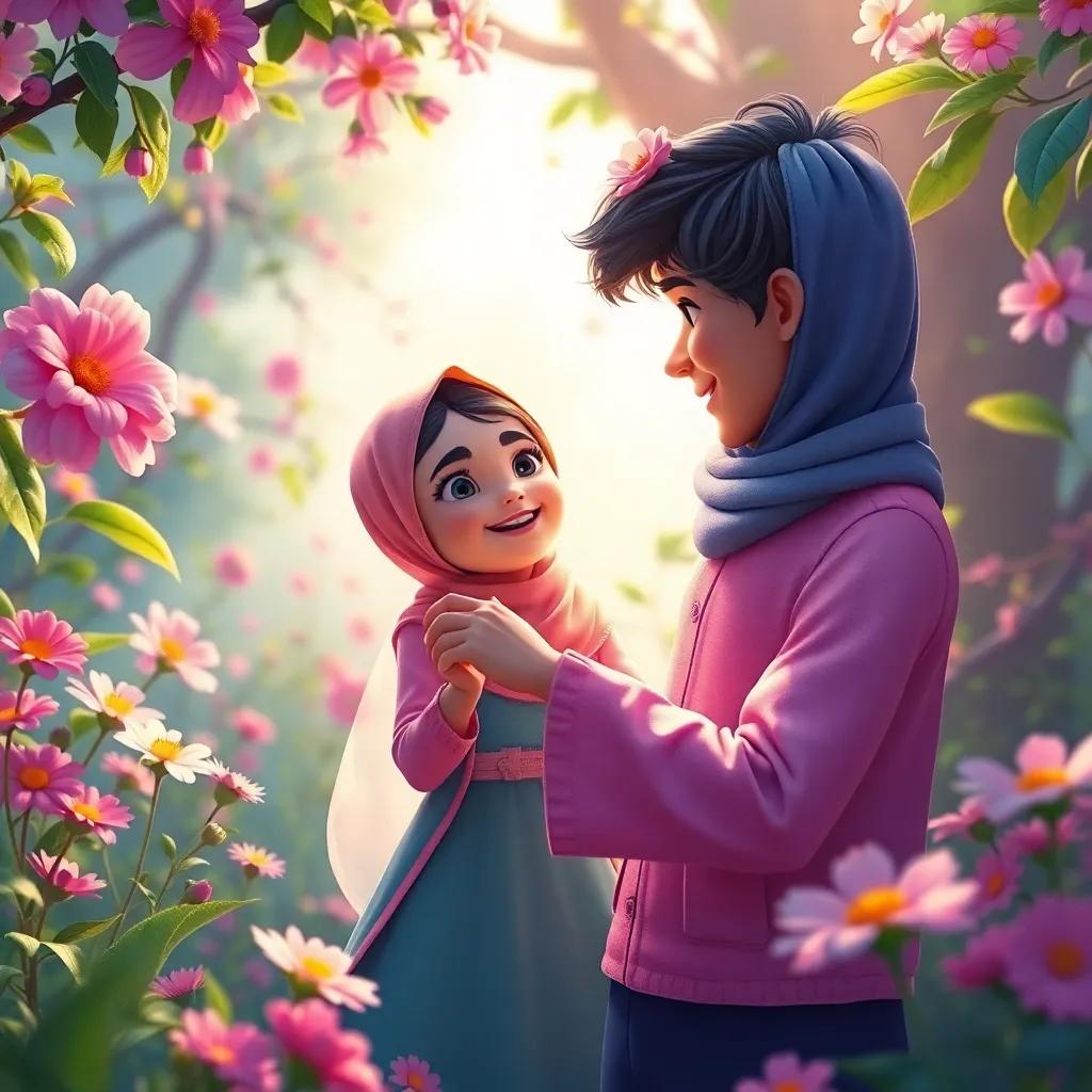 Shuma and Muhammad enjoying the beauty of the secret garden, dancing around flowers, feeling like they’re in a fairy tale, colorful and wondrous environment, cheerful light, digital art, high quality