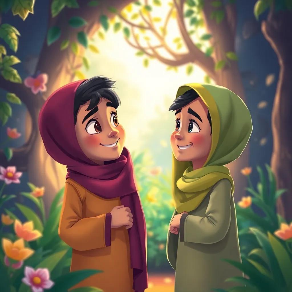 Shuma and Muhammad looking at each other after discovering the secret garden, sharing a secret with mischievous smiles, vibrant colors, warm atmosphere, digital illustration, high quality