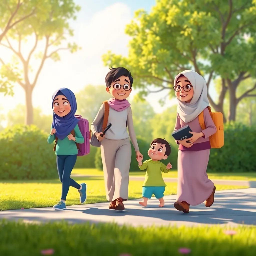 The family starting to pack up as Shuma and Muhammad return, the mother calling their names with a loving expression, sunny park background, cheerful scene, digital art, bright colors, high quality