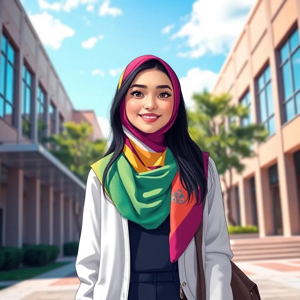 A young Arab girl, Shimaa, with long dark hair wearing a colorful hijab and a university outfit, entering a modern university campus under a bright sunny sky, digital art, cheerful, vibrant colors, inviting atmosphere, high quality
