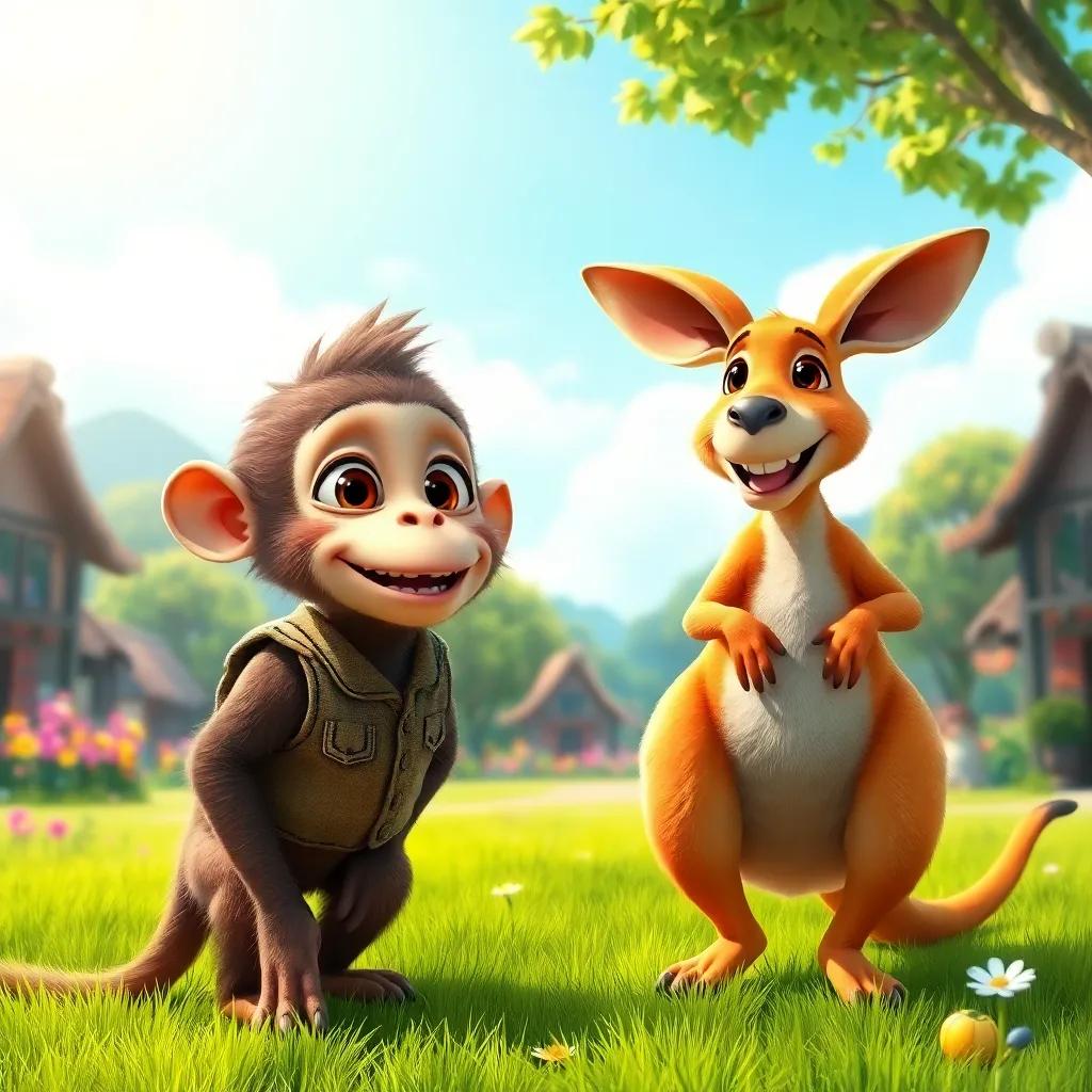 A beautiful village scene with a sunny sky, showing a curious monkey named Tutu with a cheerful face, wearing a little vest, looking towards a kangaroo named Koko, who is hopping beside him with a friendly smile, green grass and flowers in the background, digital art, colorful, joyful atmosphere, high quality