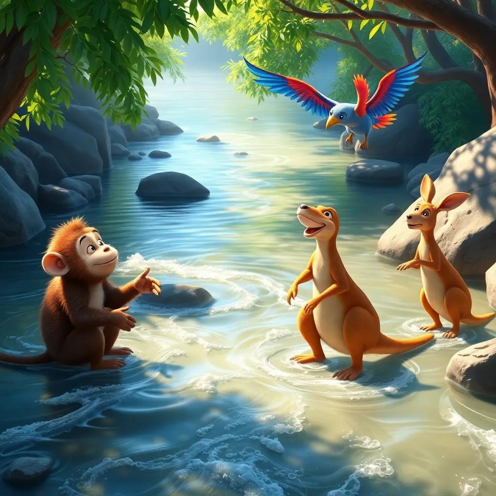 A flowing river in a serene environment, with Tutu the monkey listening attentively, Koko the kangaroo bouncing joyfully, and Ziri the colorful bird dancing above them, bright and vivid colors, celebrating nature's sounds, high quality