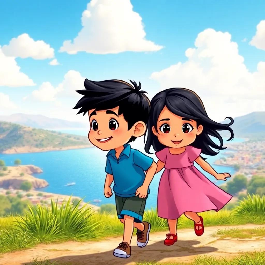 A vibrant scene of two children, a young Arab boy named Tarek with short black hair wearing a blue shirt and shorts, and a young Arab girl named Leila with long black hair wearing a pink dress, happily walking towards Lake Tiberias under a sunny sky, cheerful, lively colors, adventure-themed, high quality