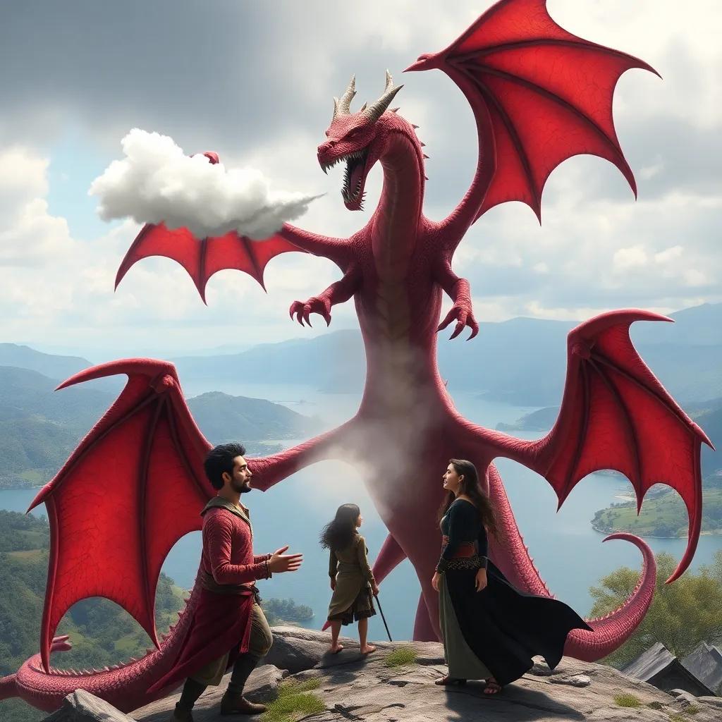 A fierce red dragon, towering above Tarek and Leila, with sharp claws and large wings, breathing out smoke, set against the backdrop of Lake Tiberias and green hills, dynamic pose, dramatic lighting, imaginative, high detail