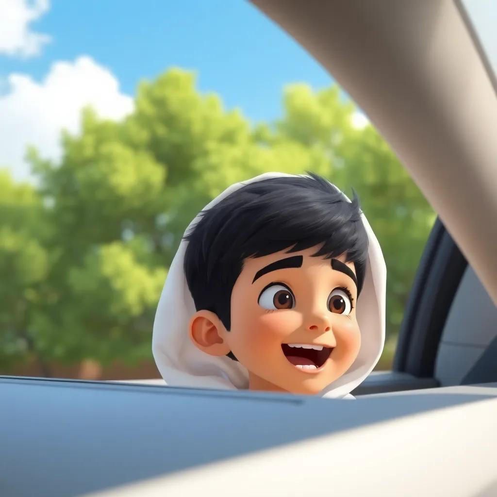 A young Arab boy, Ammar, with short black hair wearing a white ihram, looking excitedly out of a car window, green trees and blue sky in the background, digital art, bright and cheerful colors, sunny atmosphere, high quality