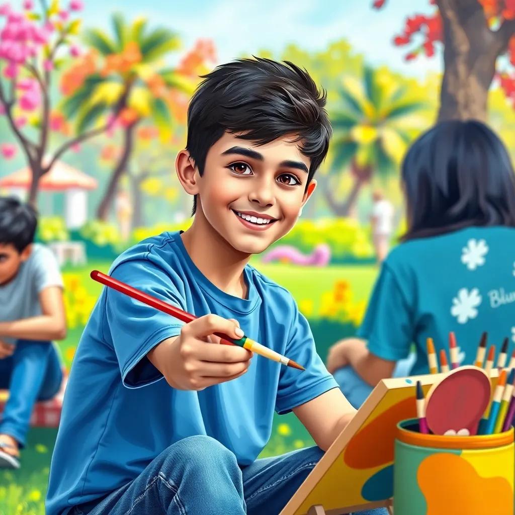 A young Arab boy, Sami, with short dark hair, wearing a blue t-shirt and jeans, sitting in a colorful park with his friends, holding a paintbrush and having fun painting, digital art, vibrant colors, cheerful atmosphere, high quality