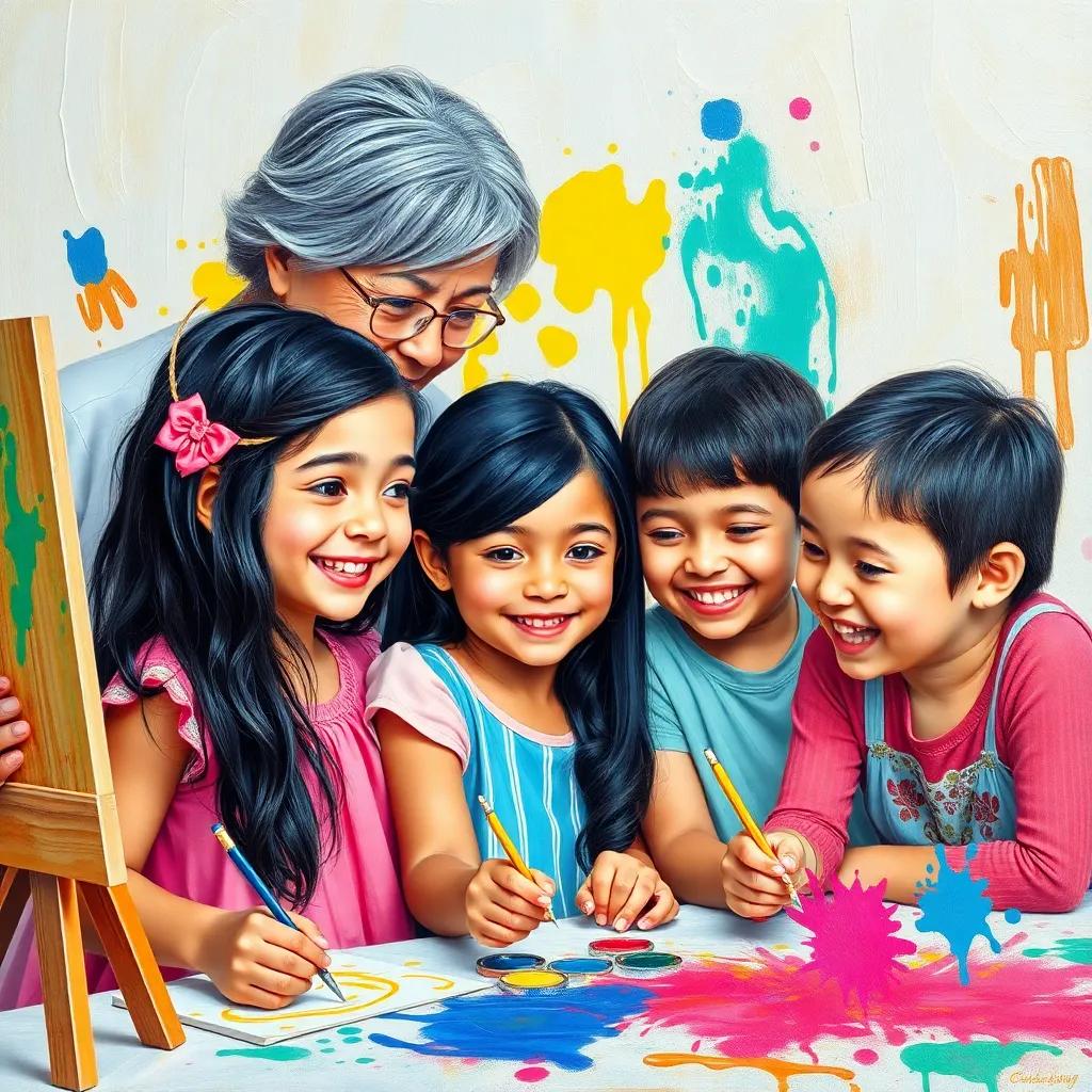 A group of happy children, including a young Arab girl, Leila, with long black hair, wearing a pink dress, painting together while an elderly lady, with gray hair and glasses, teaches them techniques, surrounded by colorful paint splashes, bright lighting, lively scene, high quality