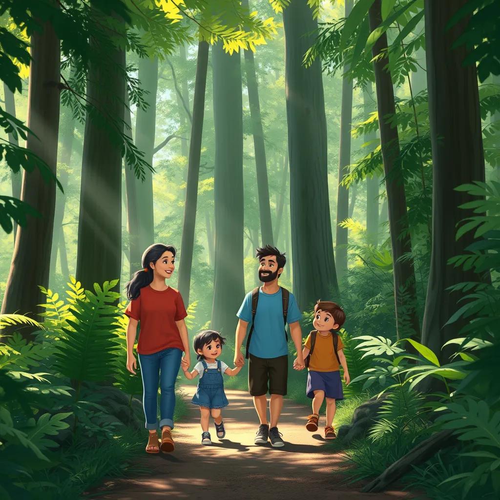 The family walking on a narrow path inside the forest, surrounded by tall trees and dense greenery, Ali looking around with amazement, illustrating nature's beauty, bright sunlight filtering through leaves, vibrant colors, cheerful setting