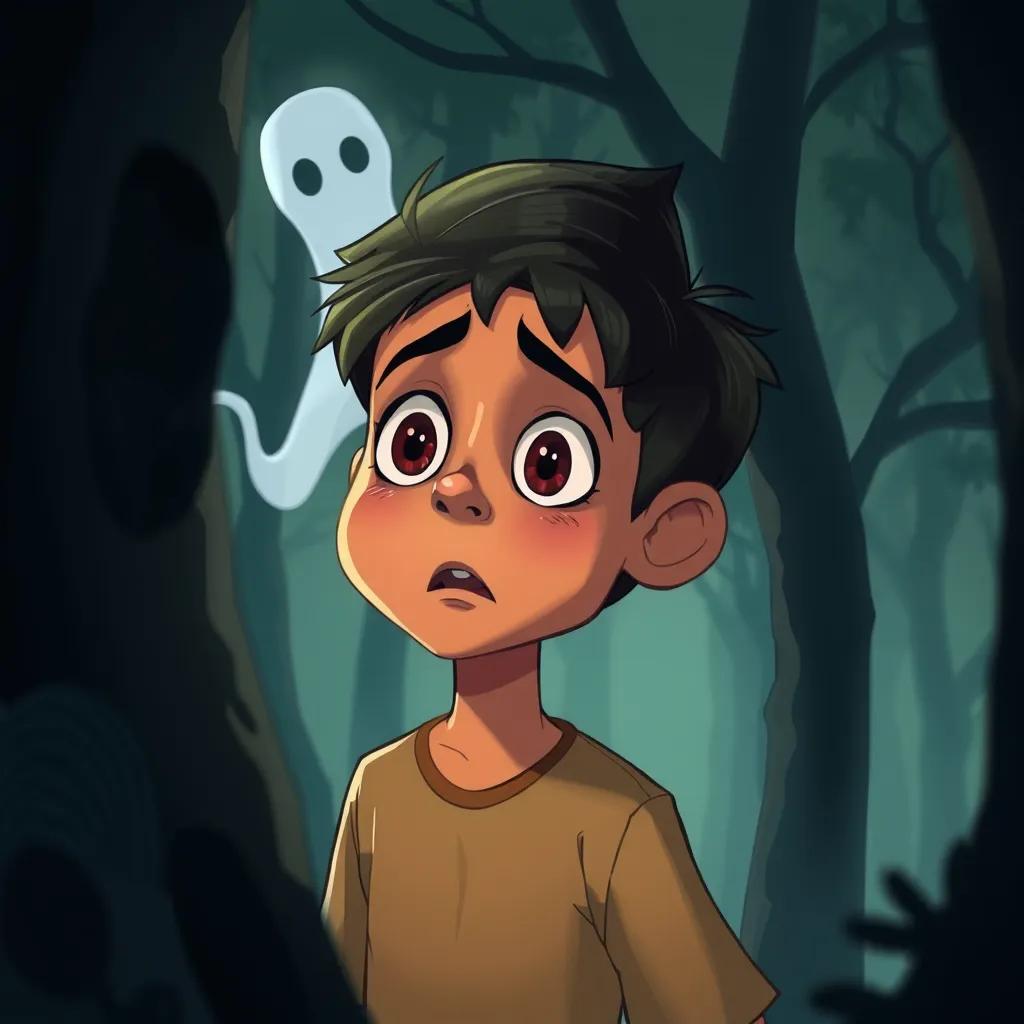 An illustration of Ali looking scared while seeing a ghost figure moving swiftly between trees, his face filled with curiosity, surrounding trees with shadows, mysterious atmosphere, detailed digital art, colorful and slightly eerie