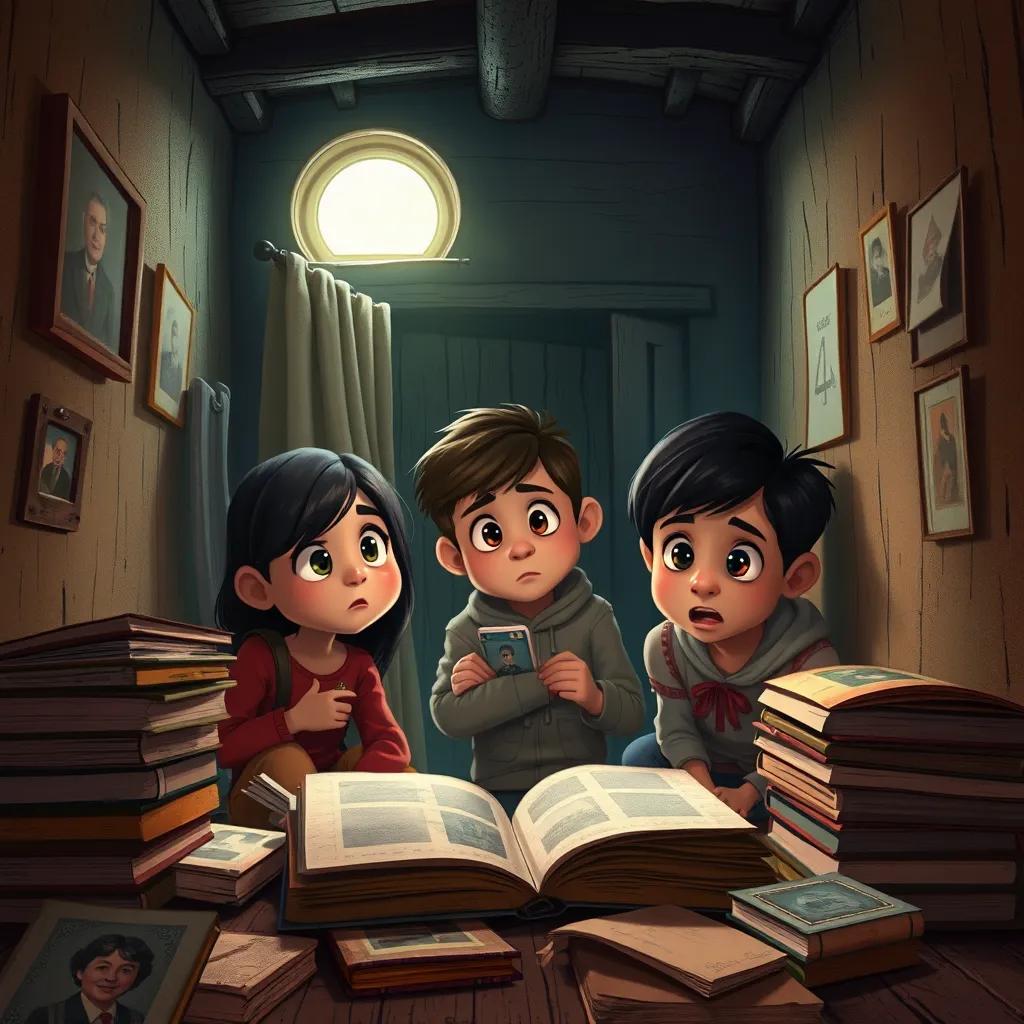 Inside the abandoned small house, the family finds old photos and messy books, Ali looking worried, faces showing curiosity and fear, soft light, warm colors, cozy yet mysterious atmosphere, detailed illustration