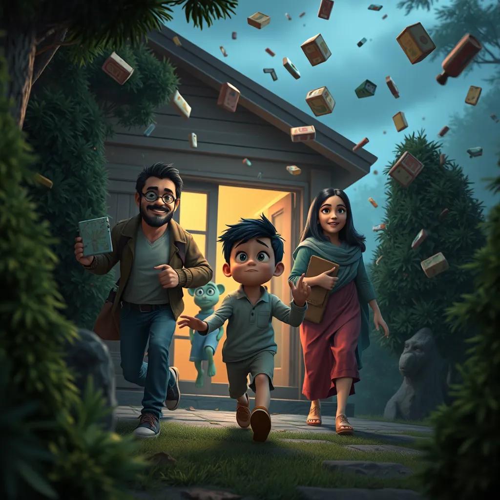 The family hurriedly leaving the house as objects fly around them, Ali looking frightened with his parents protecting him, surrounded by thick trees, chaotic scene, vibrant colors, depicting urgency and tension, high quality