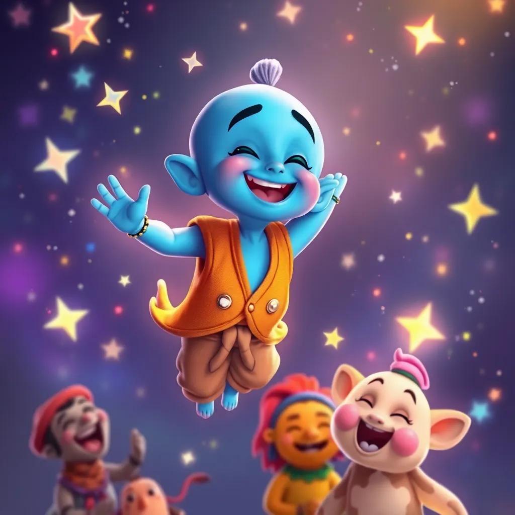 A small playful genie, with blue skin, wearing a bright vest and loose pants, floating in the air above Aref and his friends, surrounded by sparkling stars and magical colors, joyful expression, whimsical setting, digital painting, bright and colorful, enchanting atmosphere, high quality