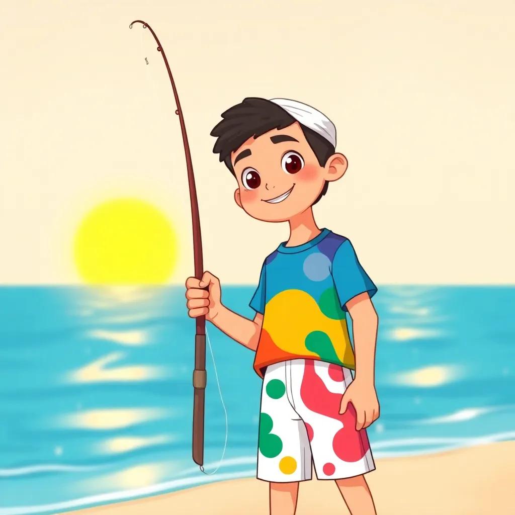A young Arab boy, Adnan, wearing a colorful t-shirt and shorts, standing on the beach with a fishing rod, bright sun in the background, illustration, cheerful, vibrant colors, child-friendly, high quality