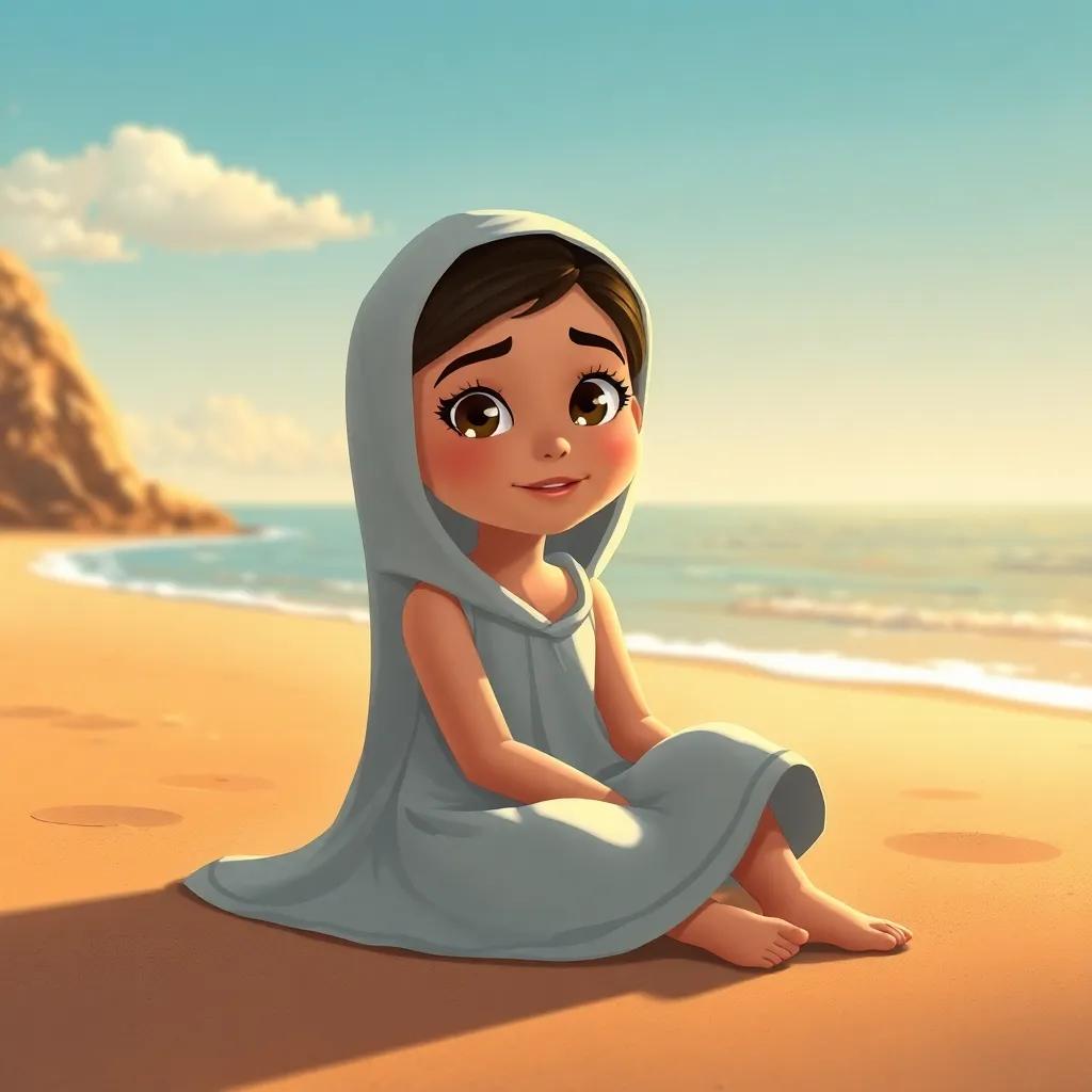 A young Arab girl, Lina, sitting on the sandy beach with sparkling eyes, wearing a simple dress, a calm sea in the background, illustration, warm light, inviting atmosphere, high quality