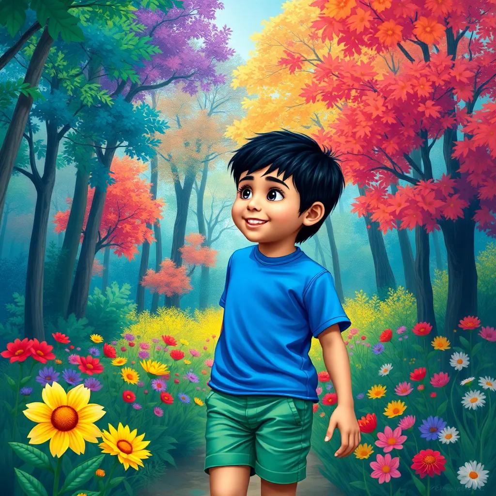 A young Arab boy, Issam, with short black hair, wearing a bright blue shirt and green shorts, excitedly looking into a colorful forest filled with vibrant trees and flowers, digital art, cheerful, bright colors, inviting atmosphere, high quality