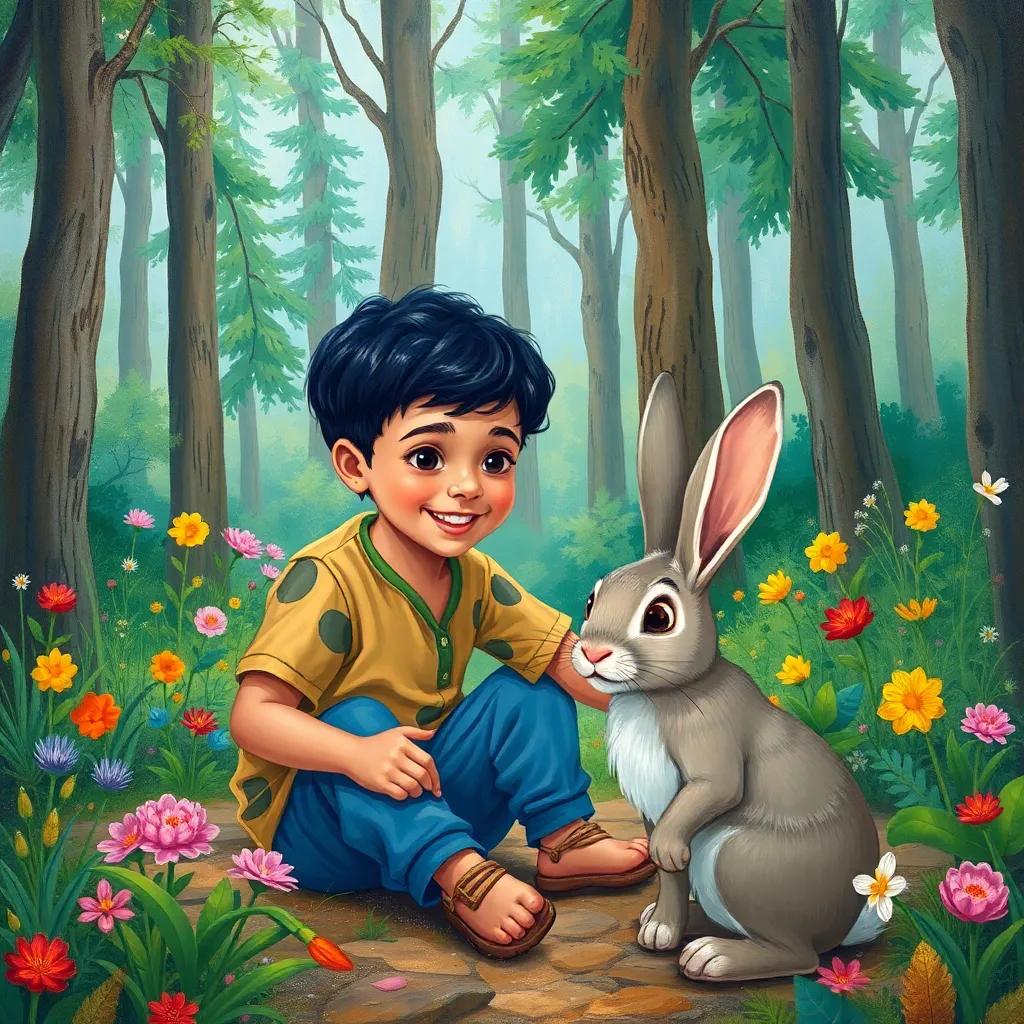 A young Arab boy, Issam, with short black hair, playing with a big rabbit in a magical forest, surrounded by tall trees and colorful plants, illustration, joyful, playful scene, child-friendly