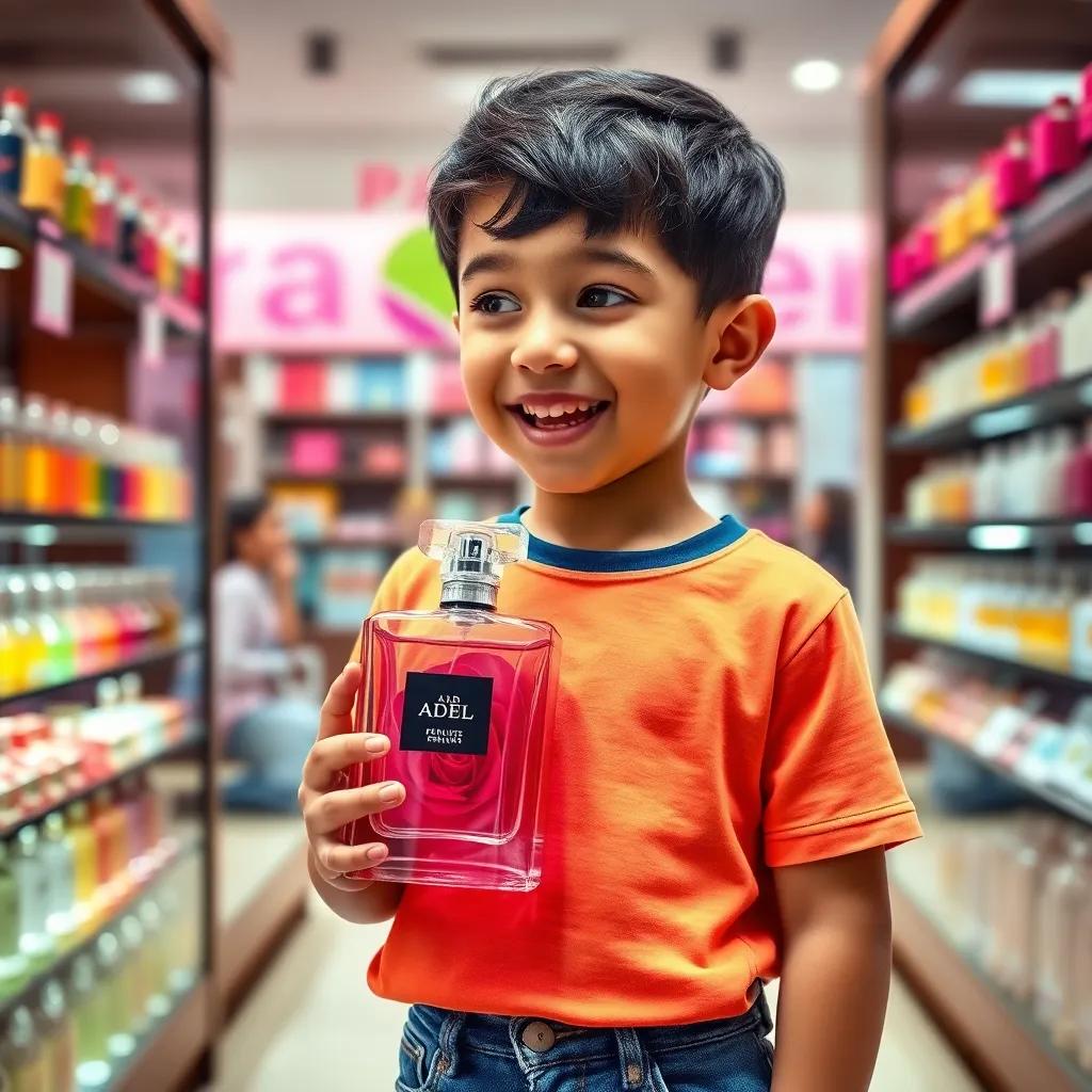 A young curious boy named Adel, with short black hair, wearing a bright t-shirt and jeans, smelling a beautiful pink rose perfume bottle, happy expression, inside a perfume shop, child-friendly, colorful and bright