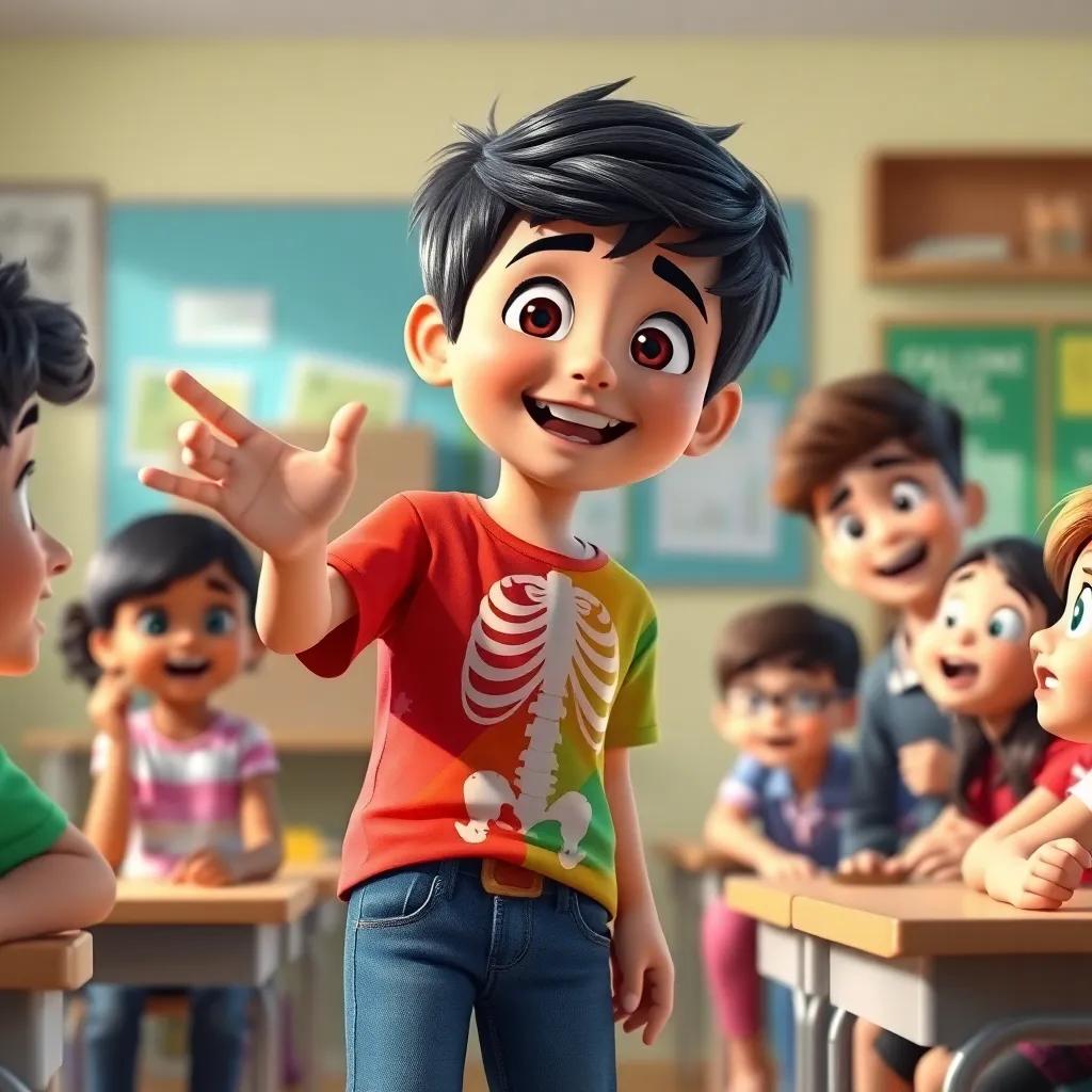 A curious boy, Sami, with short black hair wearing a colorful t-shirt and jeans, excitedly explaining to his friends about the human skeleton, surrounded by friends with surprised expressions, in a bright school classroom, digital art, vibrant colors, cheerful atmosphere, high quality