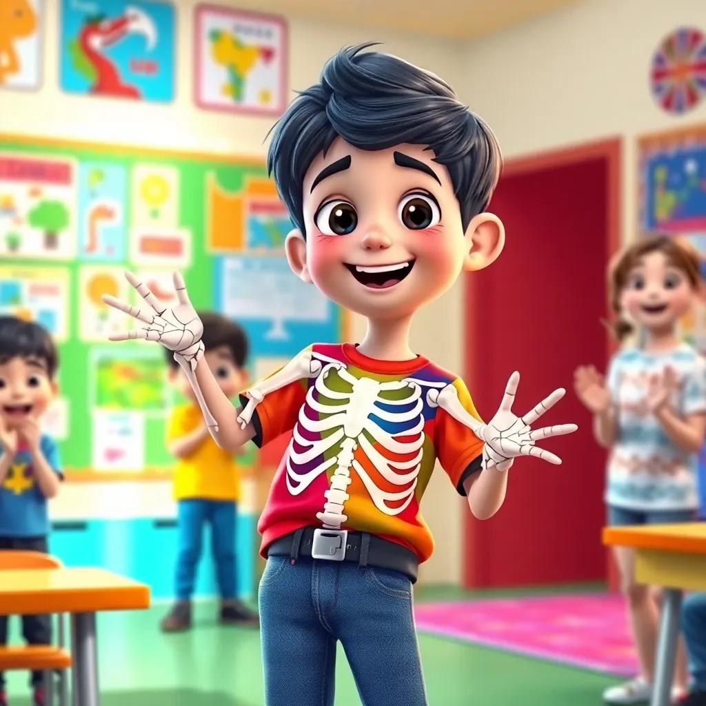 Sami, a curious boy with short black hair in a colorful t-shirt and jeans, pretending to be a skeleton in a playful pose, with friends laughing and clapping, colorful classroom with educational posters on the walls, illustration, fun, engaging, child-friendly
