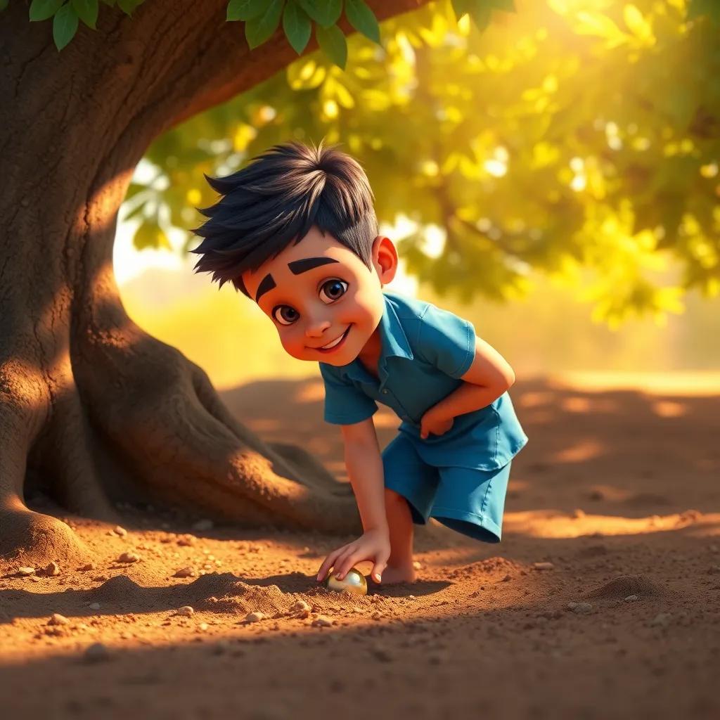 A young Arab boy, Ali Ahmed, with short hair, wearing a blue shirt and shorts, bending curiously under a large tree, discovering a shiny object in the soil, warm sunlight, vibrant colors, inviting atmosphere, high quality