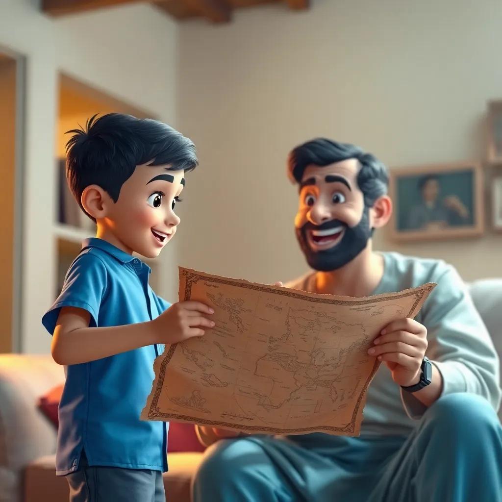 A young Arab boy, Ali Ahmed, with short hair, wearing a blue shirt and shorts, showing an old treasure map to his excited father who is smiling, inside a cozy home, warm light, colorful, inviting, high quality