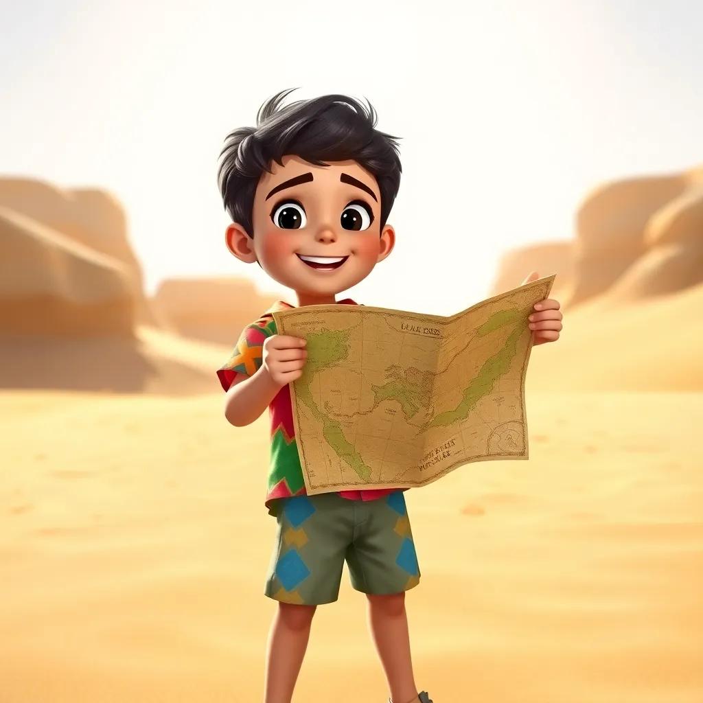 A young Arab boy, Ali, with short black hair, wearing a colorful shirt and shorts, holding an old map excitedly in a sandy desert landscape, bright sunlight, cheerful atmosphere, adventure mood, high quality