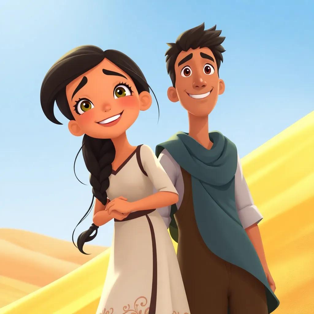 A young Arab girl, Leila, with long black hair, wearing a simple dress, gleefully standing beside Ali as they embark on their adventure, surrounded by shimmering golden sand dunes, bright blue sky, playful feel, charming portrayal, high quality