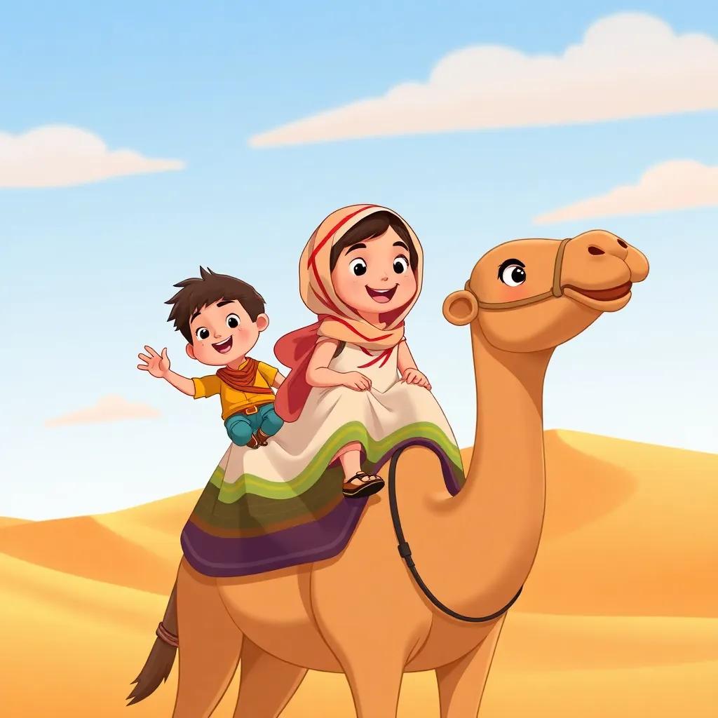 Three children, Ali, Noura, and Abdullah, riding on a camel in the desert, looking thrilled with dunes around them, sunny day, adventure theme, cheerful illustration