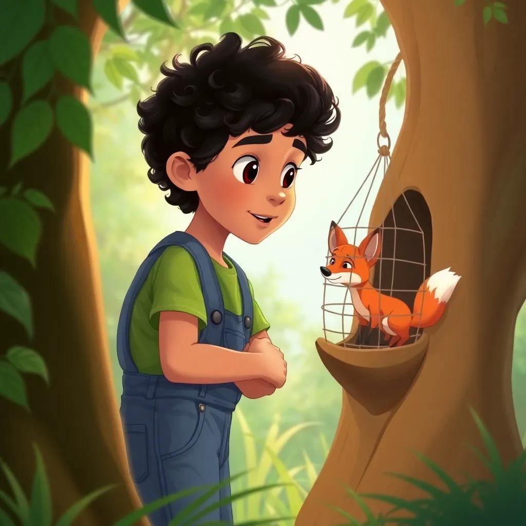 A young Arab boy, Marwan, with curly black hair, wearing a green t-shirt and blue overalls, looking curiously at a small trapped fox in a tree, surrounded by greenery, illustration, warm colors, engaging scene, high quality