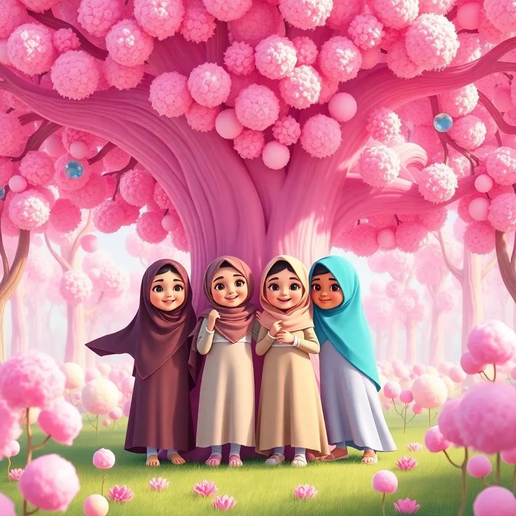 Four young Arab girls, Maitha, Manal, Moza, and Joud, with happy faces, celebrating under a giant pink candy tree in a magical forest, colorful cotton candy trees around, playful scene, bright and vivid colors, illustration, high quality