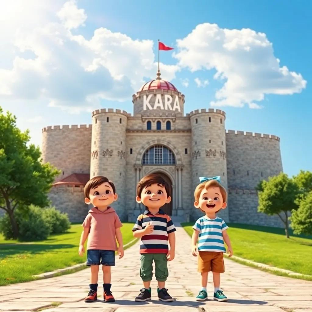A beautiful landscape of Karak with the famous castle in the background, three kids standing excitedly in front of the castle gate, vibrant colors, sunny day, cheerful atmosphere, high quality