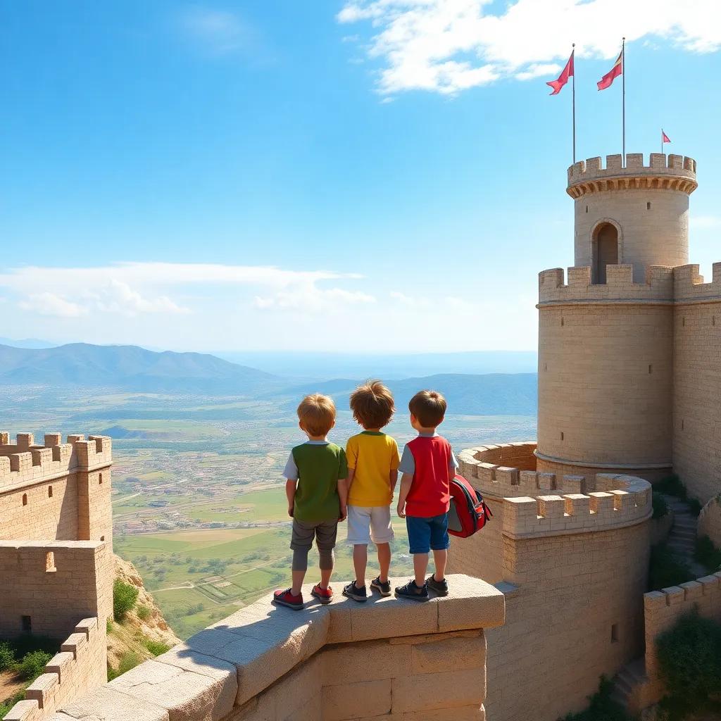 Three children standing at the top of the Karak castle, looking out over the stunning valley, the castle walls around them, bright blue sky, friendly and adventurous mood, vibrant colors, high quality