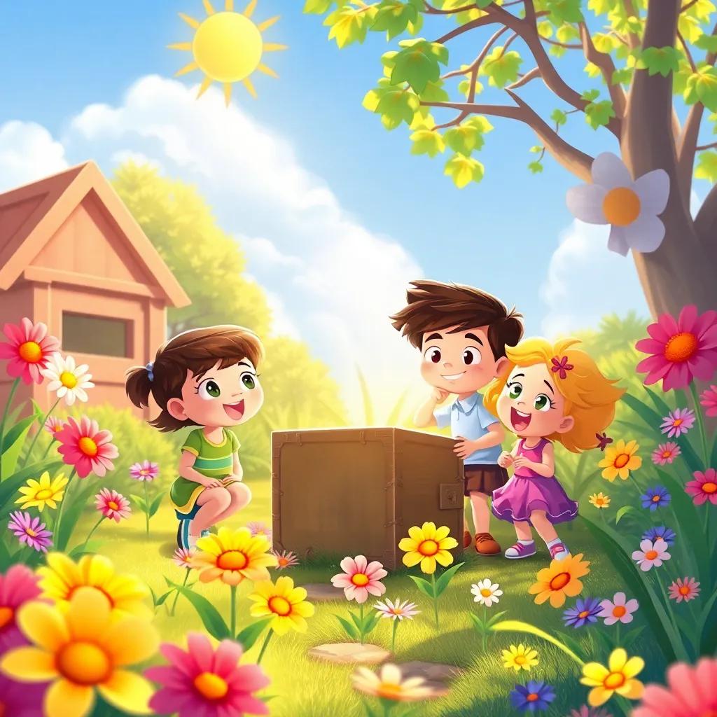 A sunny garden scene with children gathered around a mysterious box, excited expressions, colorful flowers around, vibrant atmosphere, illustration, cheerful, child-friendly