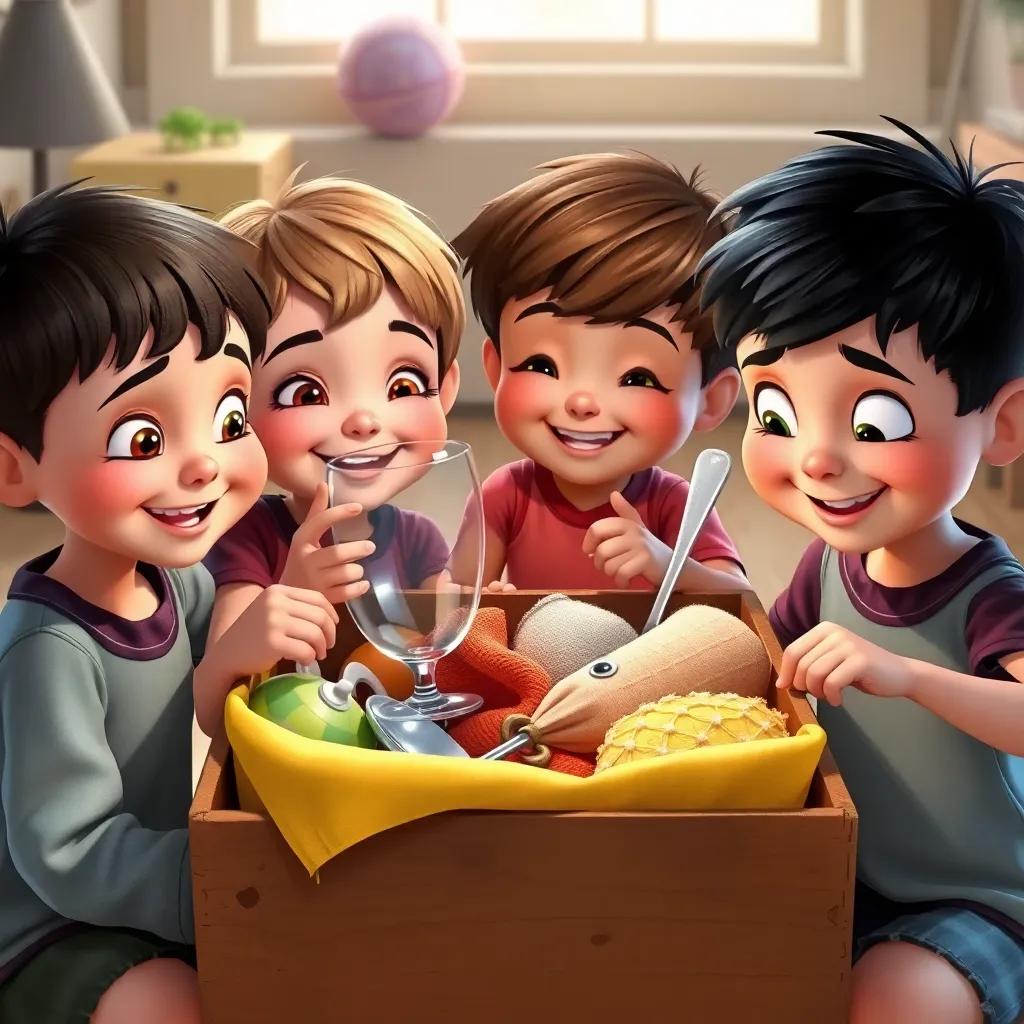 Children organizing various items from the box: a rubber ball, a glass cup, a piece of cloth, a metal spoon, and a sponge, smiles on their faces, vivid colors, playful environment, detailed digital art