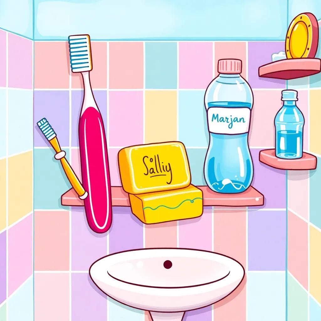 A colorful and cheerful bathroom with toothbrush Farida, soap Sally with a bright yellow color, and water bottle Marjan on a shelf, vibrant colors, clean and bright design