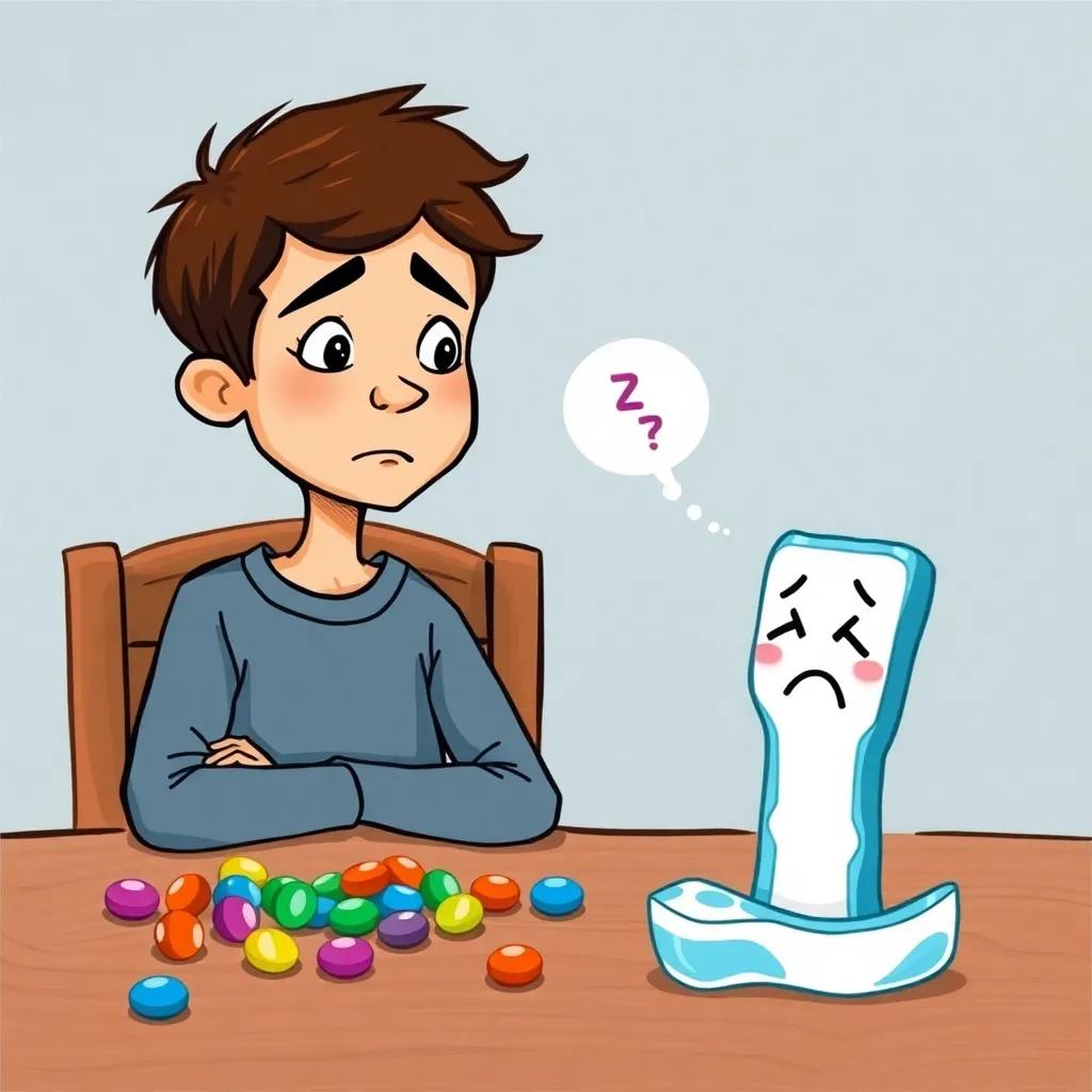 A boy named Sami sitting at the table with candies, looking a bit unhappy, and in the background, a lonely toothbrush Farida with sad expression, expressive face showing discomfort