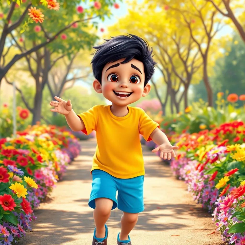 A young Arab boy, Fرفوش, with short black hair wearing a bright t-shirt and shorts, playing joyfully in a sunny park surrounded by colorful flowers and trees, digital art, vibrant colors, cheerful atmosphere, high quality