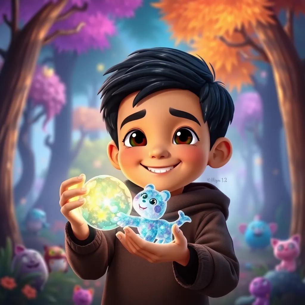 Fرفوش, a young Arab boy with short black hair, wearing a smiling expression, holding a sparkling magical toy shaped like a friendly animal, in a mystical forest with colorful trees and happy creatures, illustration, joyful, adventurous, high quality