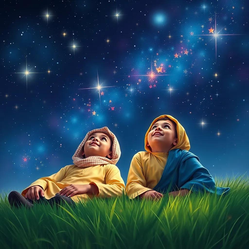 A night sky full of stars sparkling brightly, two Arab boys, Faisal and Abdulaziz, lying on the grass, excitedly looking up, digital art, colorful, vibrant, bright atmosphere, high quality