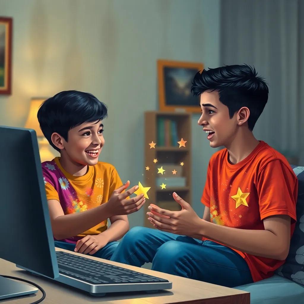 Faisal and Abdulaziz, two young Arab boys, with short black hair, wearing colorful t-shirts, sitting in a cozy room with a computer, excitedly discussing stars and galaxies using Chat GPT, cheerful, friendly, inviting light, good perspective, high quality