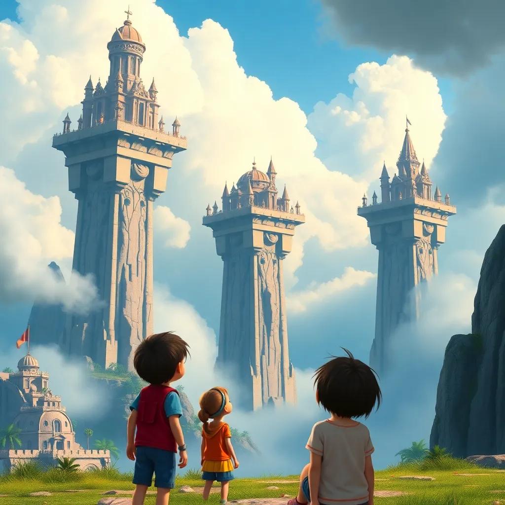 A scene from the world of Arlin, showing three giant cities built on tall stone columns, surrounded by thick clouds, children looking in awe, vibrant, imaginative, bright colors, high-quality, storytelling atmosphere