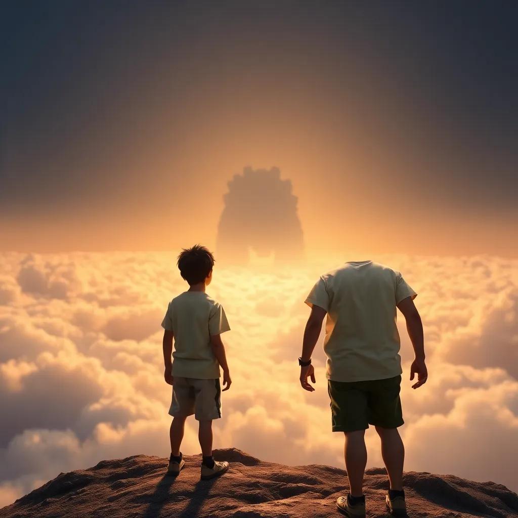 Ali and Hasan, two brave boys aged 10, wearing simple shirts and shorts, standing above the clouds, peering out towards a distant huge creature, sense of wonder and bravery, digital art, dramatic lighting, captivating scene, high quality
