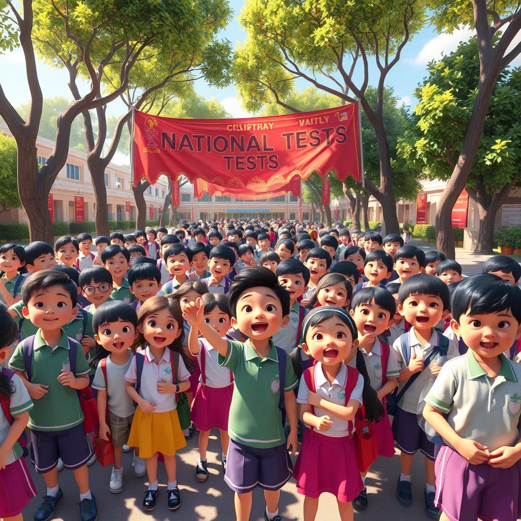 A schoolyard filled with excited children, wearing colorful school uniforms, surrounded by trees and banners celebrating the national tests, bright sunny day, vibrant atmosphere, cheerful mood, digital art, high quality
