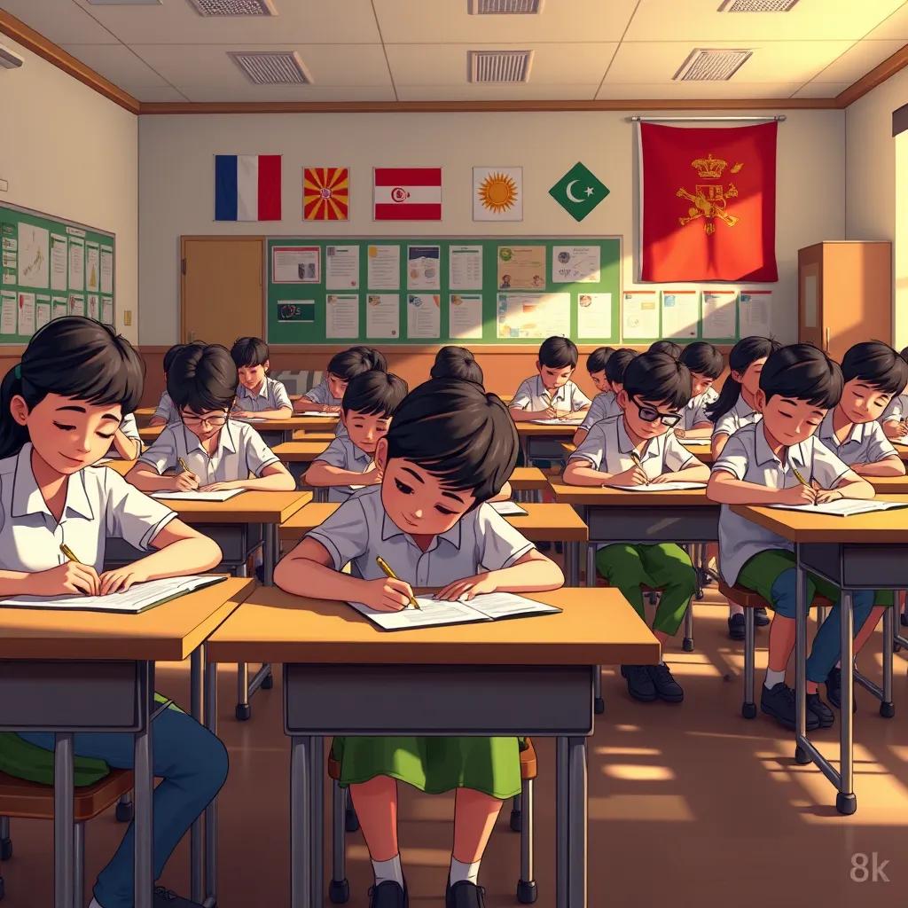 A classroom with students sitting at their desks, focused and writing on their test papers, wall decorations of national symbols, warm lighting, inspiring environment, detailed illustration, high quality