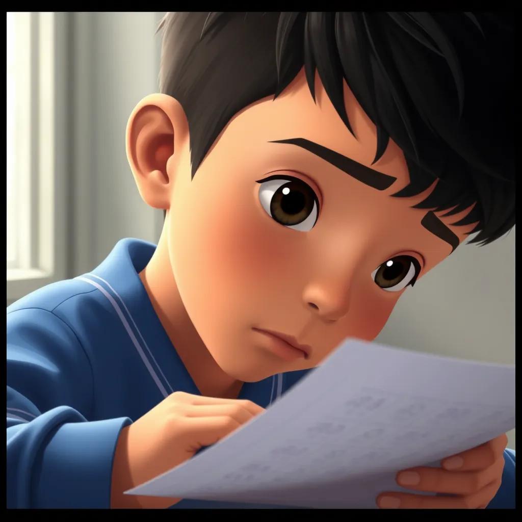 A close-up of a young boy named Hussein, with short black hair, wearing a blue school uniform, concentrating intently on his test paper, soft light coming from the window, realistic depiction, child-friendly