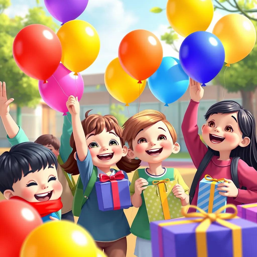 Children celebrating with colorful balloons and gift boxes after the tests, joyful expressions on their faces, school playground as the background, colorful and vibrant atmosphere, cheerful illustration, high quality