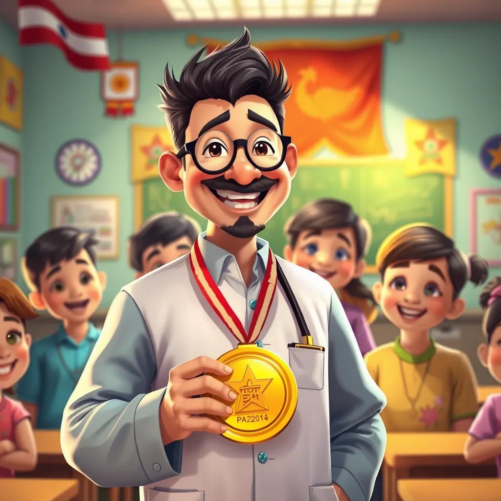 A teacher holding a golden medal, smiling, with a group of happy children around him, in a classroom decorated with national symbols, warm light, inspiring scene, detailed digital art, high quality